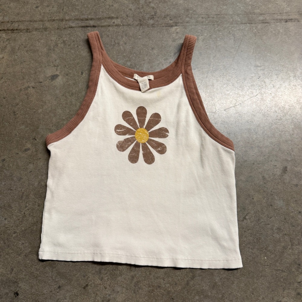 Full Tilt Daisy Graphic Ribbed Ringer Tank Top White Brown Boho‎ Crop Small